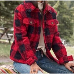 Sundance Sherpa Boucle Red Buffalo Plaid Woodcutters Jacket Womens Size Large